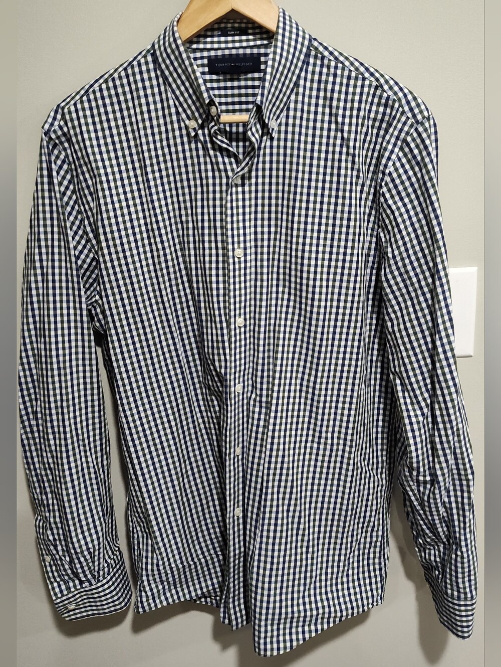 Tommy Hilfiger Slim Fit Blue Green White Gingham Dress Shirt L 16 34/35